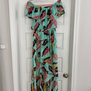 Express Off-Shoulder Maxi Dress in Teal and Multicolor
